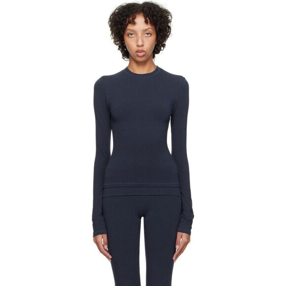 Skims Cotton Jersey Long Sleeve Navy Blue Fitted T-Shirt Women's Medium M - Picture 2 of 8